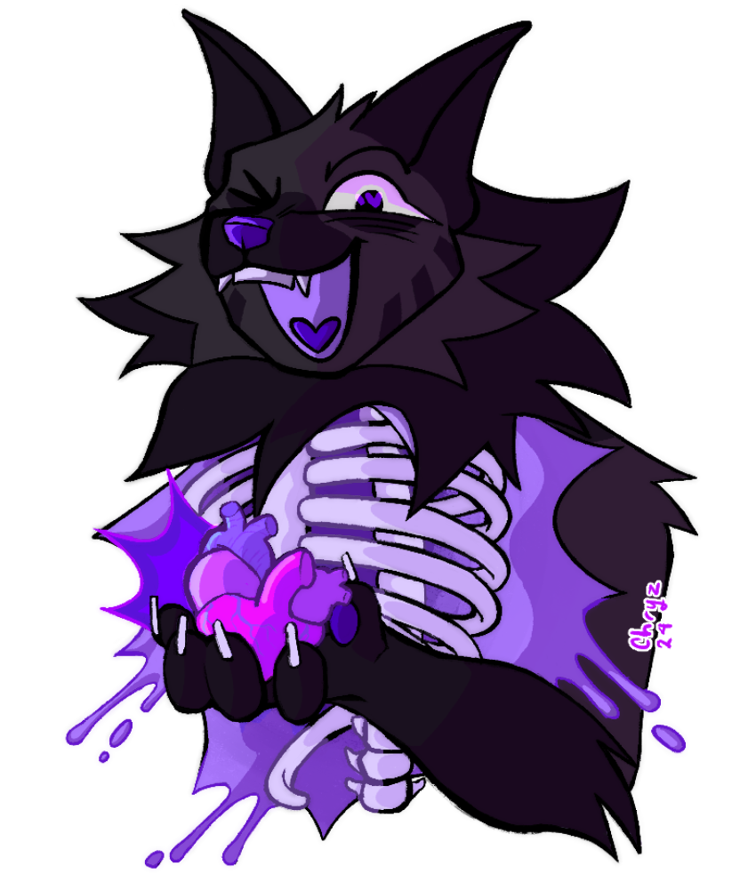 Cartoonish candy gore image of Indigo with an open ribcage showing off their heart